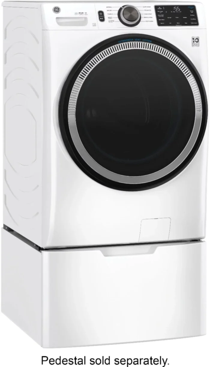 GE – 4.8 CuFt High-Efficiency Stackable Smart Front Load Washer w/UltraFresh Vent System & Microban Antimicrobial Technology – White on white - Image 4